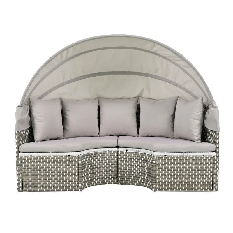 Rundes Outdoor-Tagesbett, zweifarbiges Flecht-Sonnenbett mit versenkbarem Dach