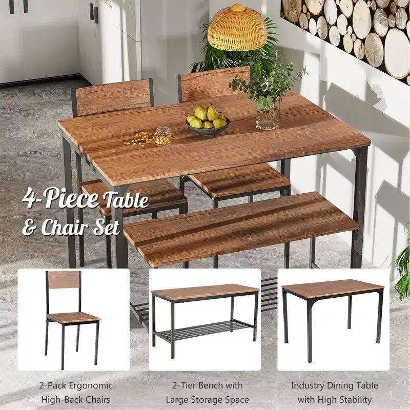 Costway 4-teiliges Esszimmertisch-Set, rustikaler Tisch, 2 Stühle & Bank mit Ablagefach