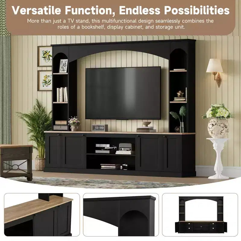 Whisen 91 Medienkonsole, gewölbte Entertainment-Center-Wandkombination im Landhausstil mit Bücherregal, Holzmaserung, für Fernseher bis zu 70 Zoll