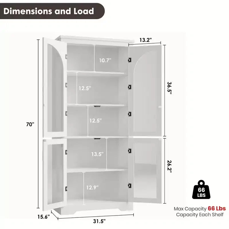 178 cm hoher Küchenschrank, moderner Vitrinenschrank mit 4 gewölbten Glastüren und verstellbaren Einlegeböden, für Küche, Wohnzimmer, Esszimmer, Badezimmer