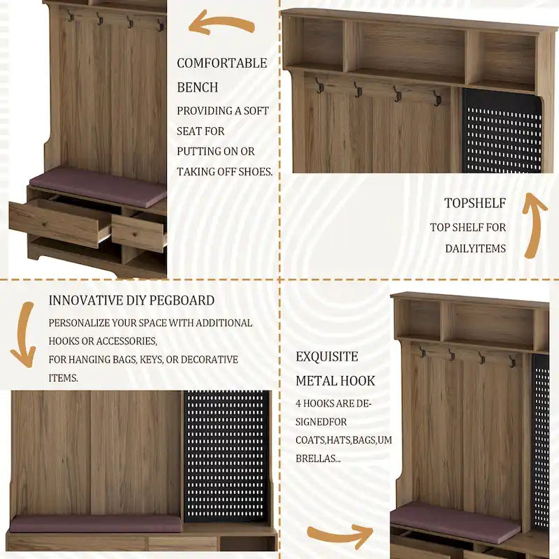 GDFStudio – Finn Multifunktionale Garderobe mit Schuhbank, Lochwand und viel Stauraum