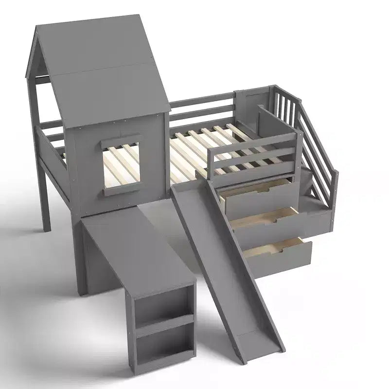 Einzel-Hochbett mit 3 Schubladen und Treppenregal, Hausbett-Gestell aus Holz mit Rutsche und herausziehbarem Schreibtisch
