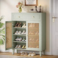 Lantine moderner Boho-Schuhschrank mit 6 Ebenen, Türen, Schublade und verstellbarem Einlegeboden. Rattan-Design, mintgrün. Ideal für Flur und Wohnzimmer.