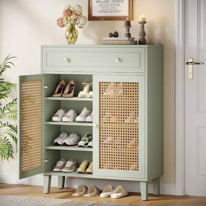 Lantine moderner Boho-Schuhschrank mit 6 Ebenen, Türen, Schublade und verstellbarem Einlegeboden. Rattan-Design, mintgrün. Ideal für Flur und Wohnzimmer.