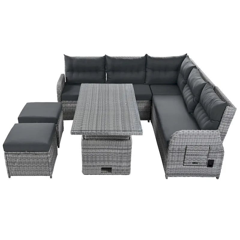 Outdoor-Rattan-Ecksofa-Set mit verstellbarem Tisch und Relaxsesseln
