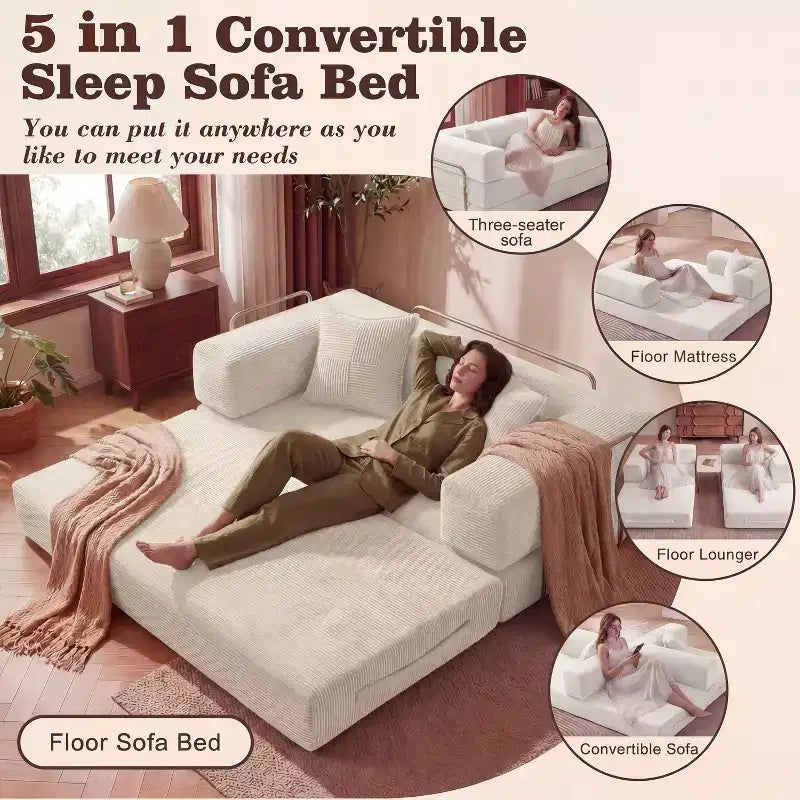 Dyonery 65-Zoll 5-in-1-Schlafsofa, zu einem Doppelbett umbaubar, mit festem Metallrahmen, Cord
