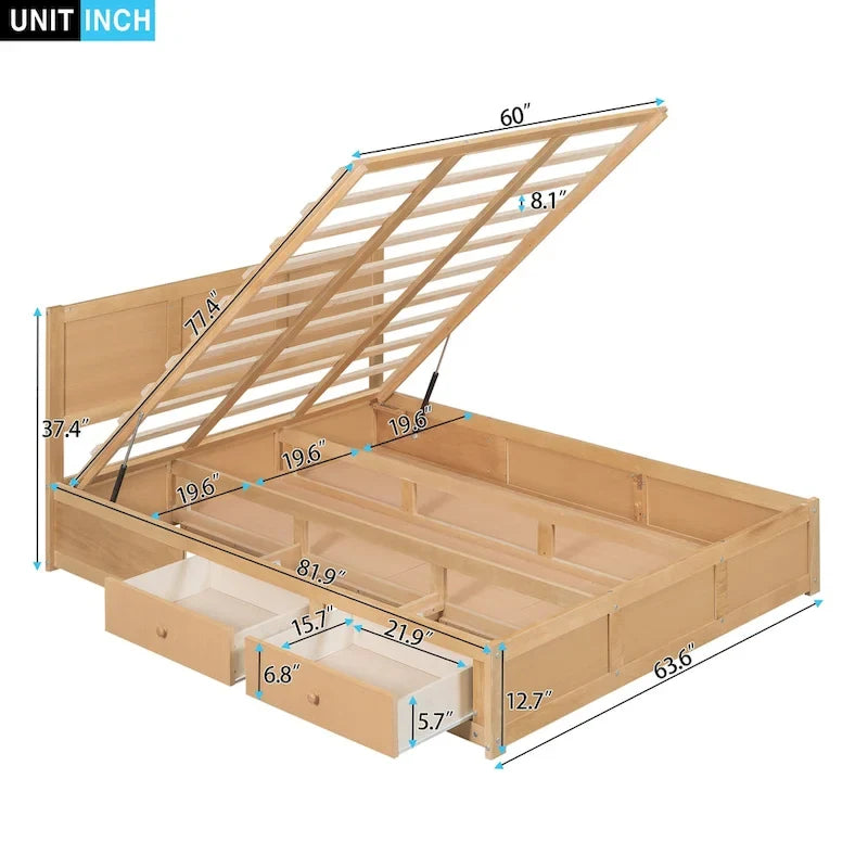 Holz-Plattformbett mit Stauraum und 2 Schubladen
