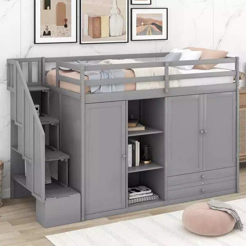 93,3 Funktionales Hochbett mit Kleiderschränken, Regalen, Schubladen und Stauraumleiter