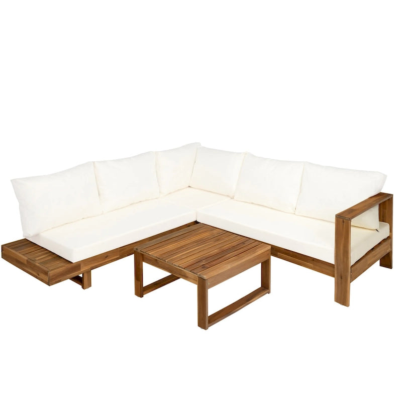 L-förmiges Ecksofa-Set, Terrassen-Sitzgruppe mit Tisch, Lounge-Ecksofa aus Holz, 4-teiliges Outdoor-Sitzgruppen-Set