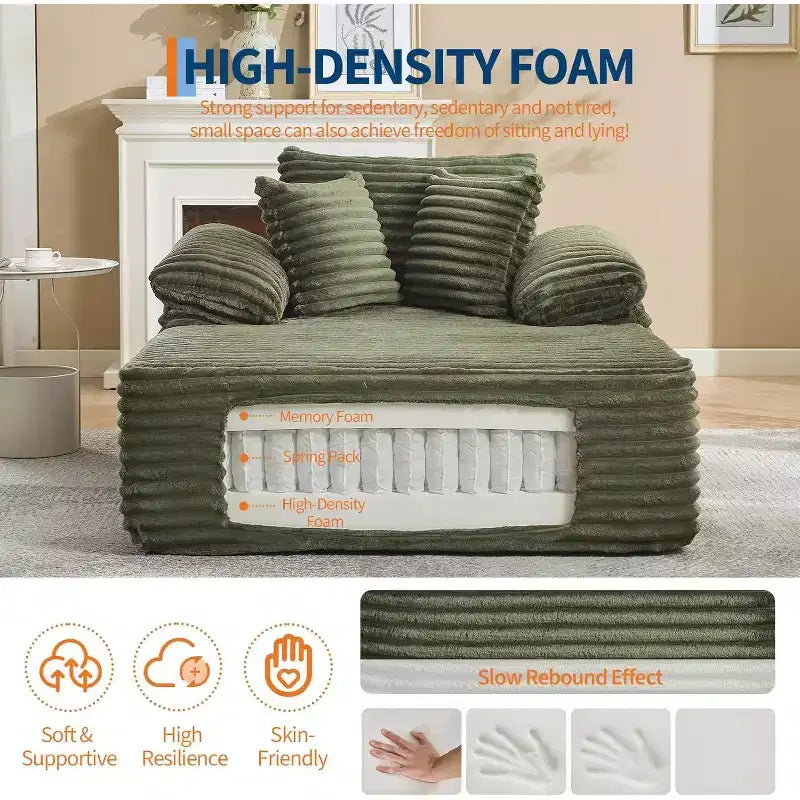Übergroßes Chaiselongue-Sofa, Cord-Schlafsofa mit Kissen und breiten Armlehnen für Wohnzimmer, Schlafzimmer und Heimkino