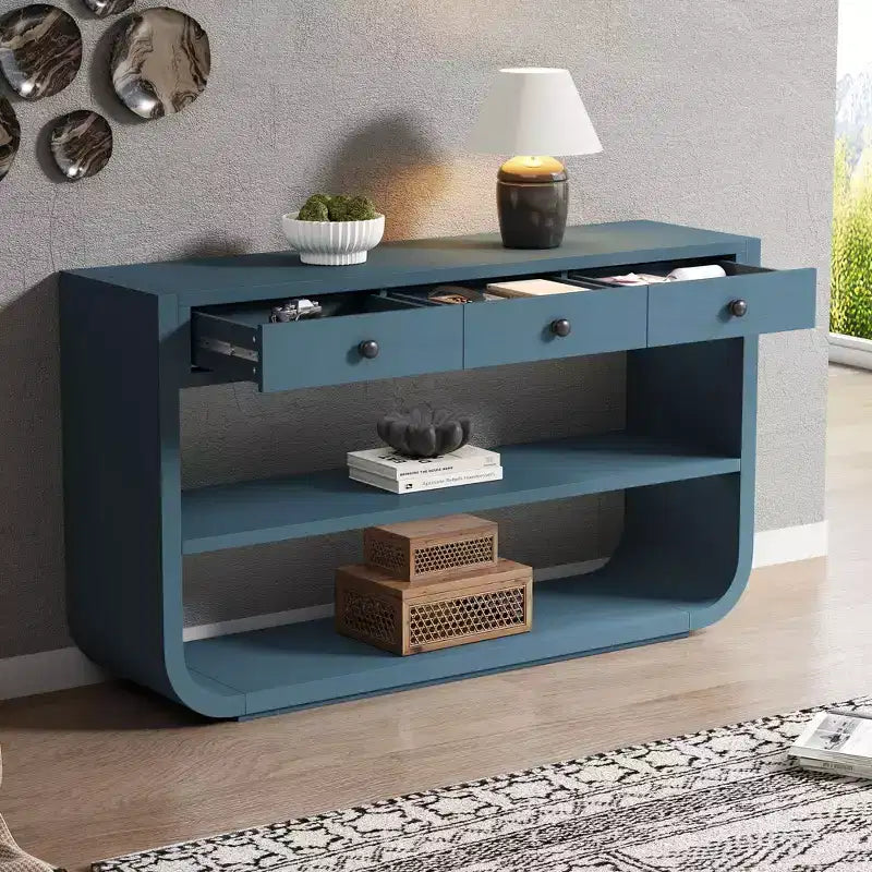ModernLuxe geschwungener Konsolentisch, Flurtisch, Sofabeistelltisch, Präsentationsständer, Akzenttisch mit 3 Soft-Close-Schubladen & 2 offenen Ablagen