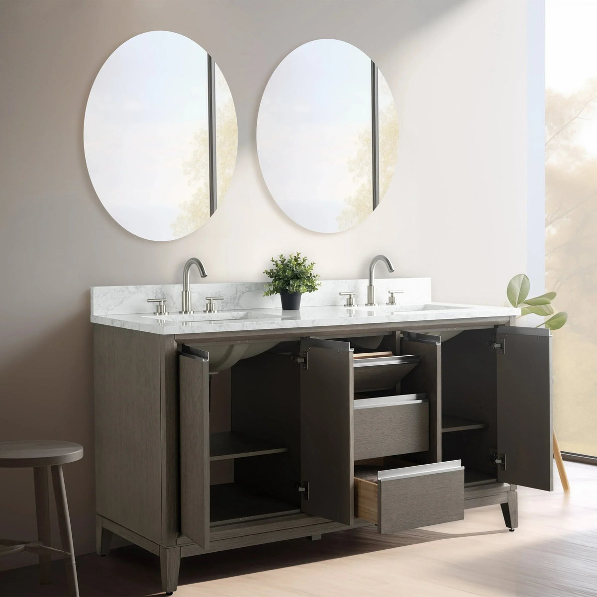Vanity Art Badezimmerschrank mit Keramikwaschbecken und Platte aus technischem Marmor