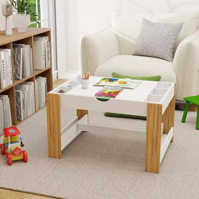 Kinder 2-in-1 Aktivitätstisch mit 7 Aufbewahrungsfächern - LEGO-kompatibler Baustein- & Whiteboard-Tisch, Weiß & Grün