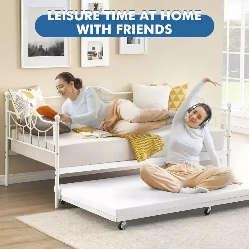 Tagesbett mit Ausziehbett, Metall-Tagesbett mit Gästebett, Tagesbett mit Ausziehbarem Bettrahmen, Sofa mit Stahl-Lattenrost für Kinder, Jugendliche und Erwachsene