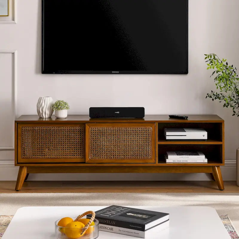 Vintage Rattan TV-Schrank mit 2 Staufächern und 4 Holzbeinen für Wohnzimmer, Schlafzimmer und Büro