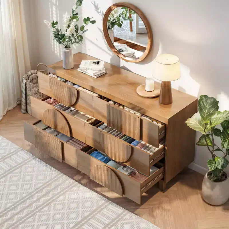 Moderne geometrische Kommode mit 6 Schubladen, breiter Aufbewahrungsschrank mit Halbkreis-Akzent für Schlaf- und Wohnzimmer