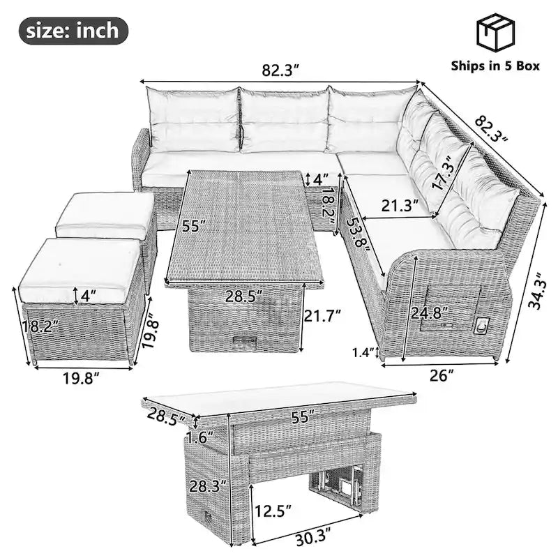 Outdoor-Rattan-Ecksofa-Set mit verstellbarem Tisch und Relaxsesseln