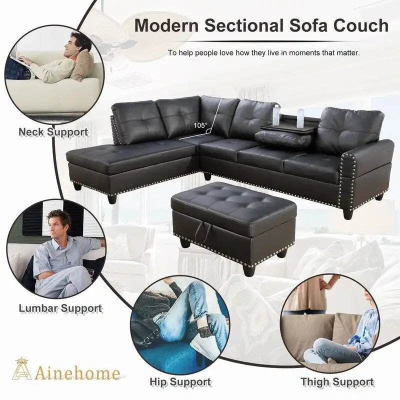 Modernes 3-teiliges Sofa-Set aus schwarzem Kunstleder: Elegantes Design für Wohnzimmer
