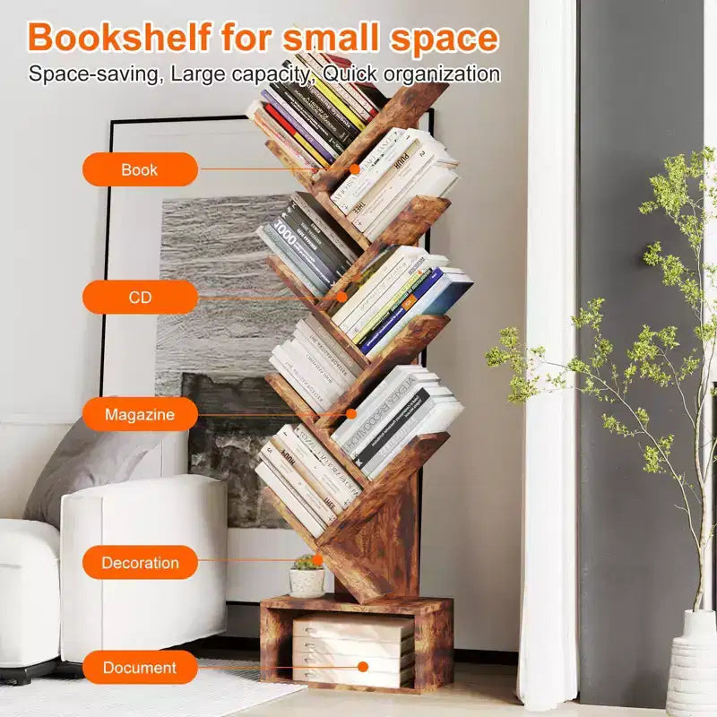 Baumförmiges Bücherregal mit 8 Ebenen im rustikalen Stil, ideales offenes Regal für Wohn-, Schlafzimmer und Büros