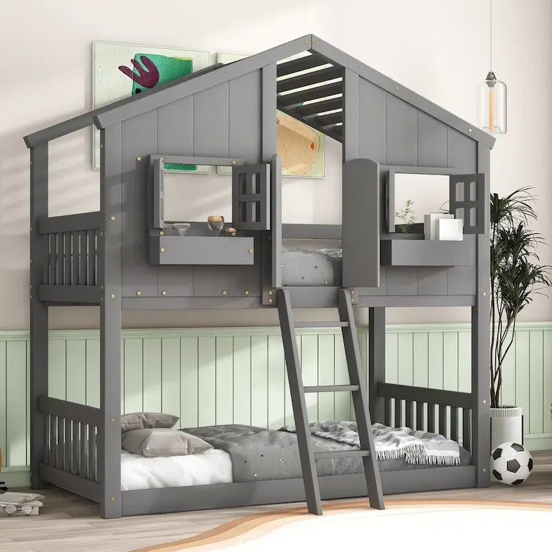 Etagenbett „Haus“ für zwei, mit Dach, Fenster, Blumenkasten und Tür, inklusive Sicherheitsgeländern und Leiter, Grau