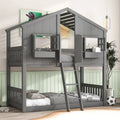 Etagenbett „Haus“ für zwei, mit Dach, Fenster, Blumenkasten und Tür, inklusive Sicherheitsgeländern und Leiter, Grau
