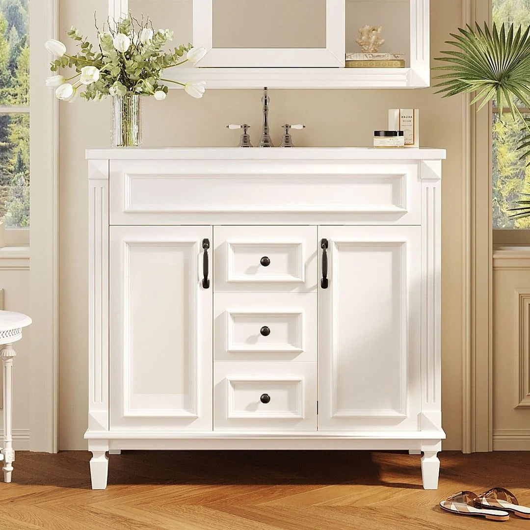 36" Moderner Badezimmer-Waschtisch mit Aufsatzwaschbecken und Spiegelschrank, 2 Türen und 2 Schubladen