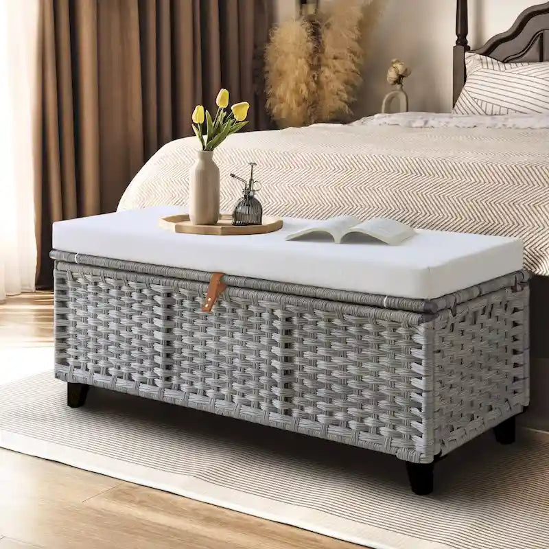 Weiden-Sitzbank mit Kissen für Schlafzimmer, Wohnzimmer, Veranda – 47 cm H x 110 cm B x 47 cm T