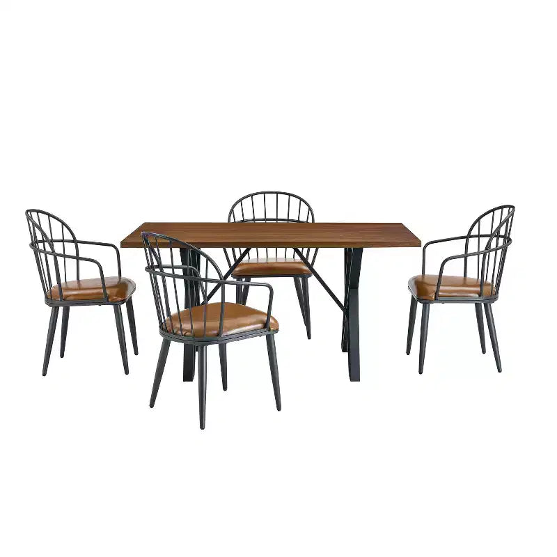 5-teiliges Esstisch-Set mit 4 Essstühlen und rundem/eckigem Tisch, Schwarz+Natur/Walnuss-ModernLuxe