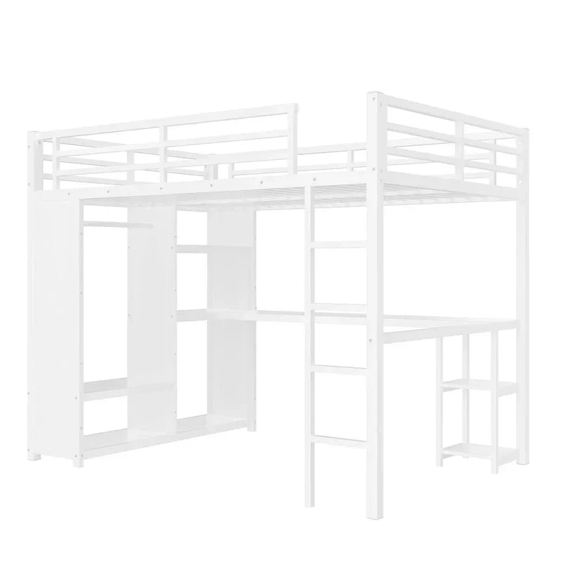 Queensize-Hochbett – Einbauschrank und Schreibtisch, Metallgestell mit Regalen