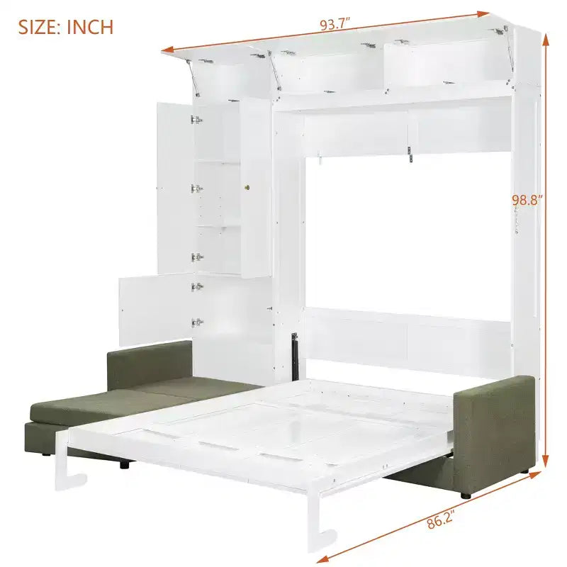 Schrankbett in Queen-Size mit Sofa und Schrank, hölzernes Queen-Size-Schrankbett als Wandbett mit Regalen, klappbares Wand-Schrankbett für Gästezimmer und Büro