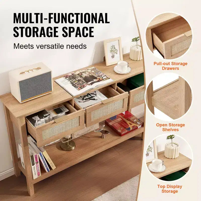 VEVOR Rattan-Konsolentisch mit 3 Schubladen, Rattan-Flurtisch mit natürlicher Rattan-Schiebetür, Konsolen-Sofa-Tisch, Natur