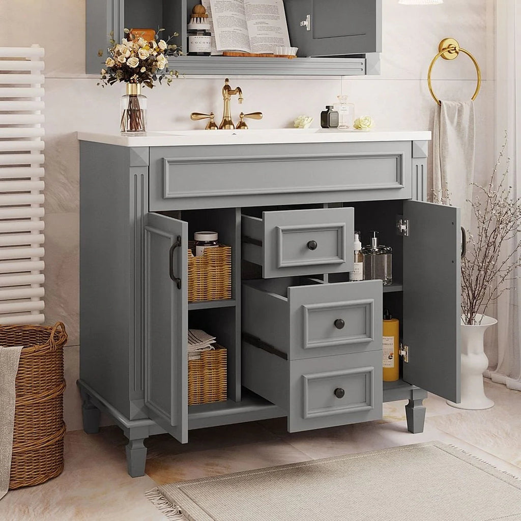 36" Moderner Badezimmer-Waschtisch mit Aufsatzwaschbecken und Spiegelschrank, 2 Türen und 2 Schubladen