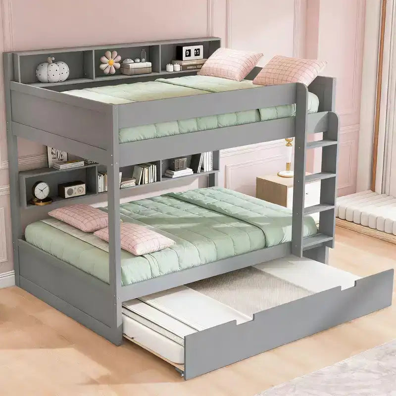 Luxystar modernes Etagenbett mit zwei vollwertigen Liegeflächen, Regalen und Ausziehbett