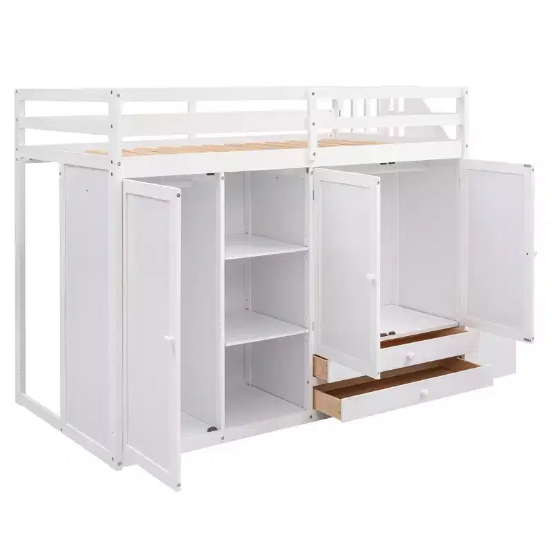 93,3 Funktionales Hochbett mit Kleiderschränken, Regalen, Schubladen und Stauraumleiter