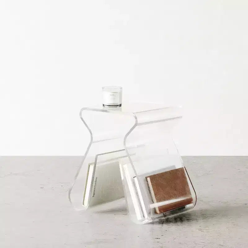 Magino-Hocker und Zeitschriftenständer, transparent: bruchsicheres Acryl, keine Montage erforderlich