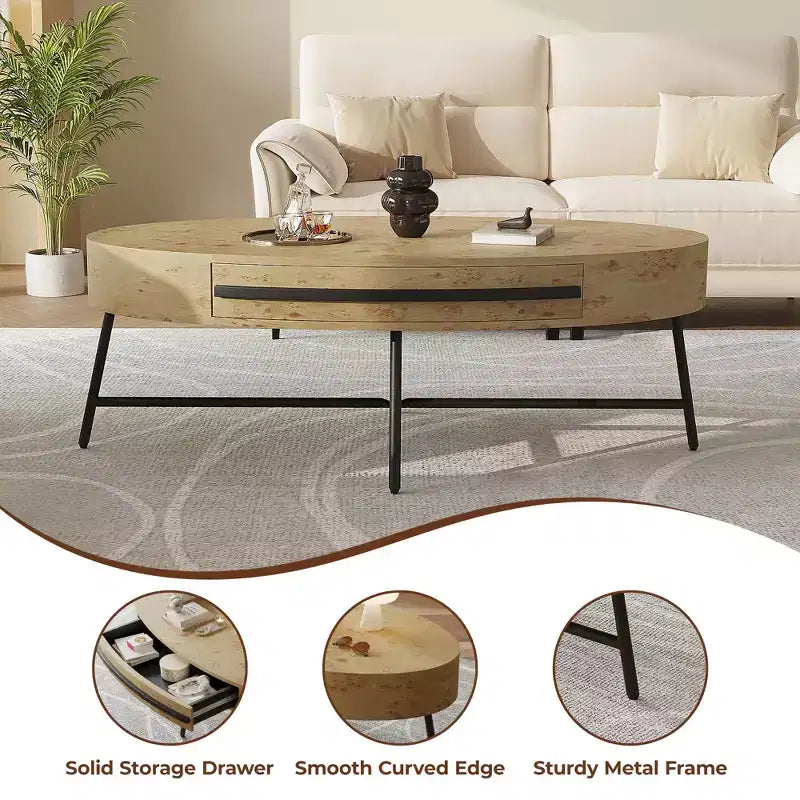 Ovaler Couchtisch mit Schublade, Mid-Century Modern Wohnzimmertisch 120 cm, Holztisch mit Stauraum und gekreuzten Metallbeinen, geschwungenes Design