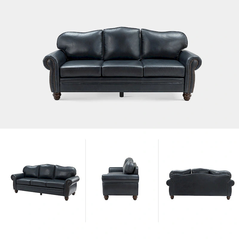 Balvino 81 Zoll breites Übergangs-Sofa aus echtem Leder mit Rollarmlehnen, Nagelkopfbeschlägen und abnehmbaren Kissen
