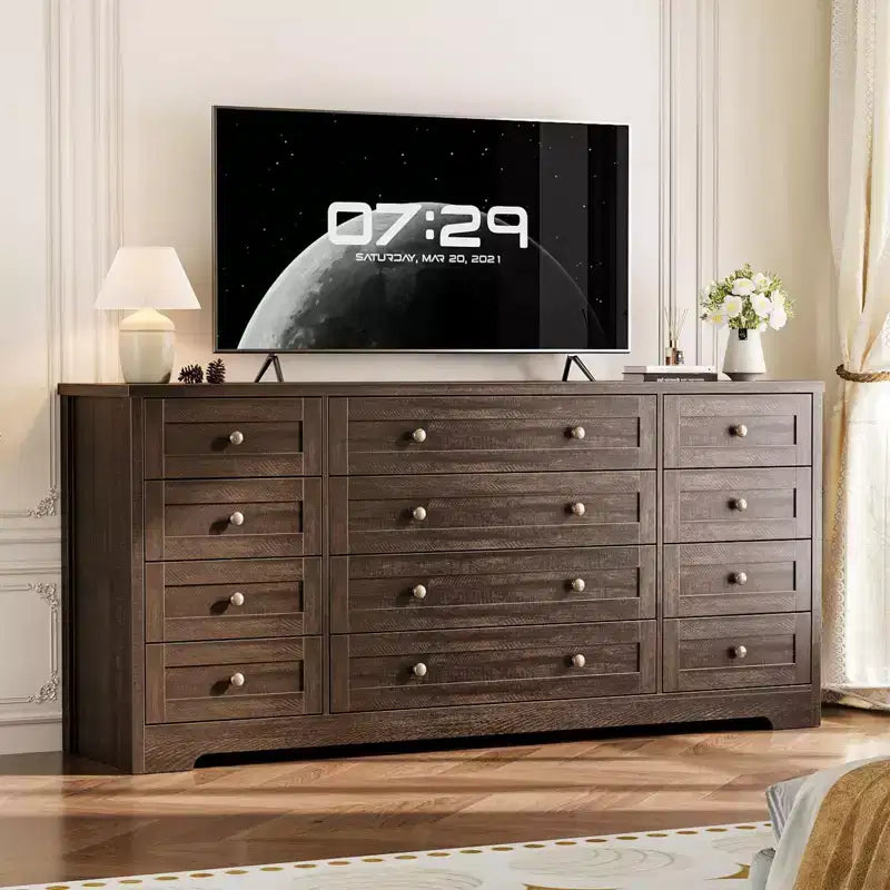 Kommode mit 12 Schubladen für das Schlafzimmer, aus Holz, moderner breiter TV-Ständer für 65-Zoll-Fernseher, Holz-Schubladenkommode, Landhausstil-Kleiderschrank für das Wohnzimmer