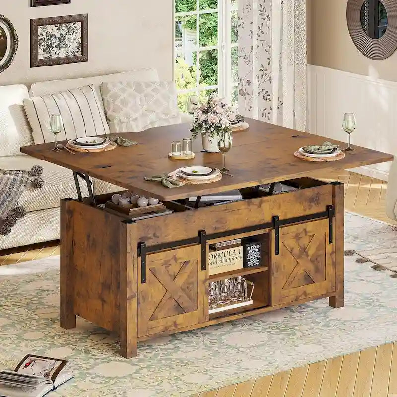 Couchtisch mit Hubplatte, 2 Schiebetüren im Scheunentor-Design und Stauraum, Esstisch