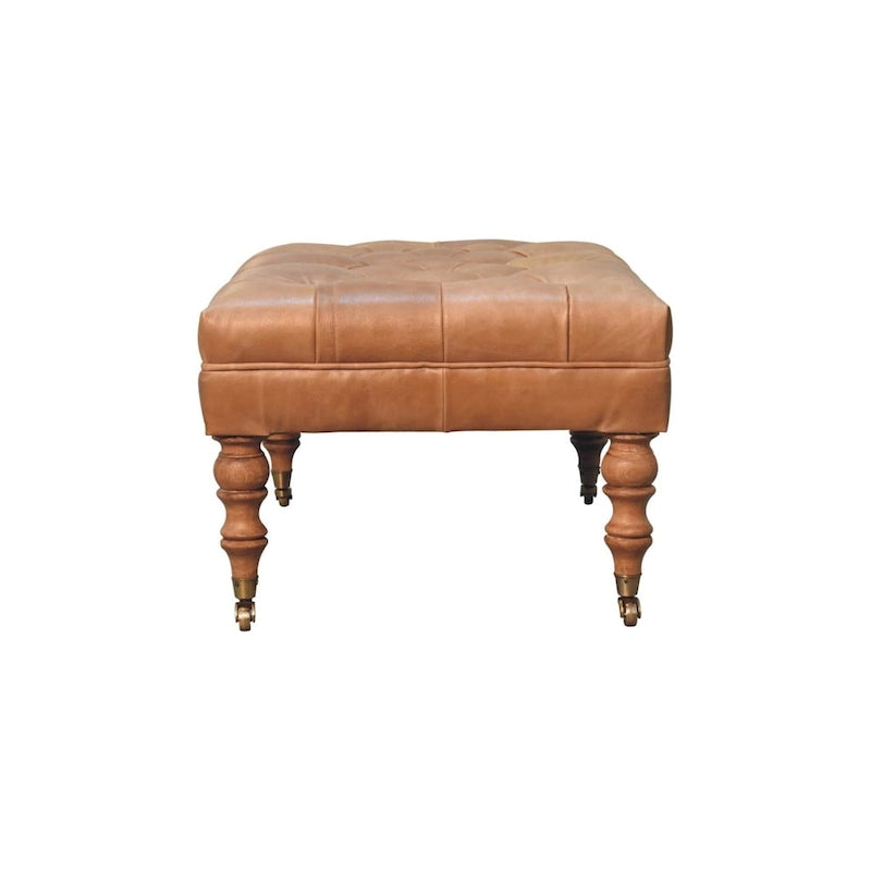 Artisan Furniture Ottomane aus massivem Holz und büffelfarbenem Leder mit Rollenbeinen