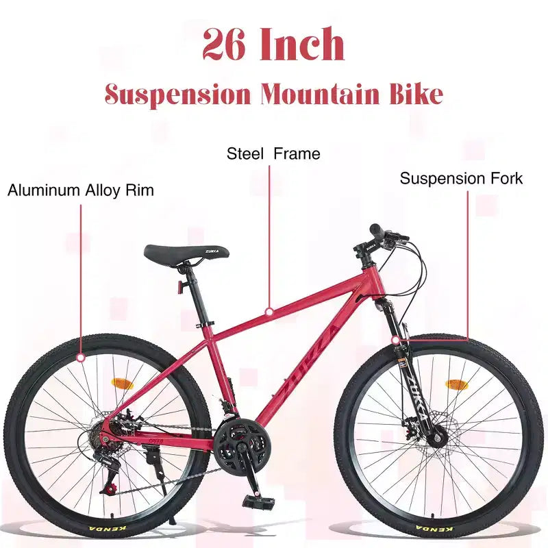 Whisen 26 Zoll Mountainbike mit Federung, 8-Gang-Kettenschaltung, KENDA-Reifen und doppelten Scheibenbremsen