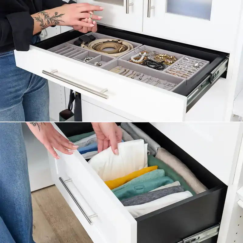 107 Modulares begehbares Kleiderschranksystem mit Kleiderstangen, Regalen und Schubladen im Shaker-Stil