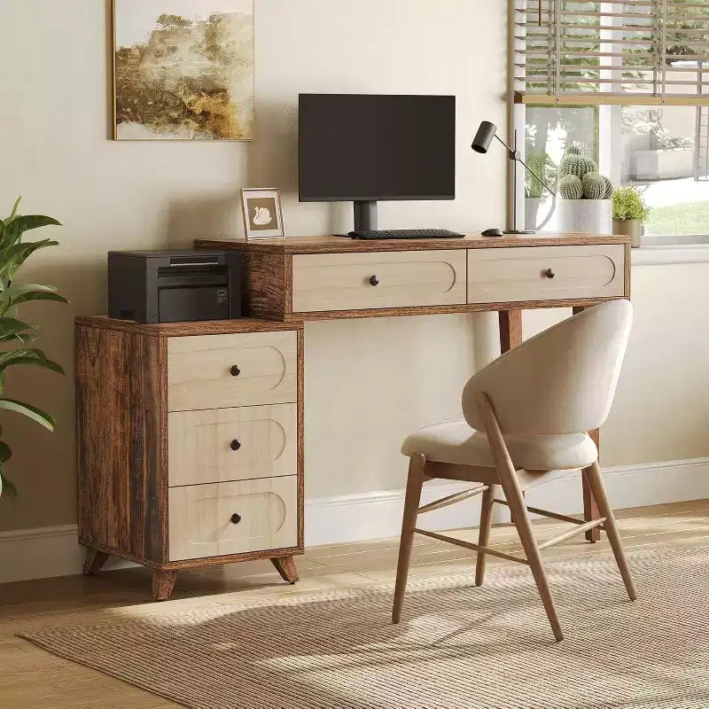 Lantine-Schreibtisch, 99 cm, mit 5 Schubladen und ausziehbarem Schrank, kleiner ausziehbarer Computer- und Schminktisch für kleine Räume, Braun