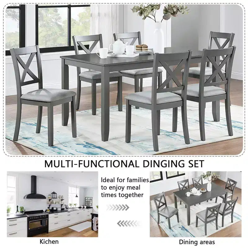 GDFStudio Loren modernes 7-teiliges Esszimmer-Set aus Massivholz mit gepolstertem Tisch und Stühlen
