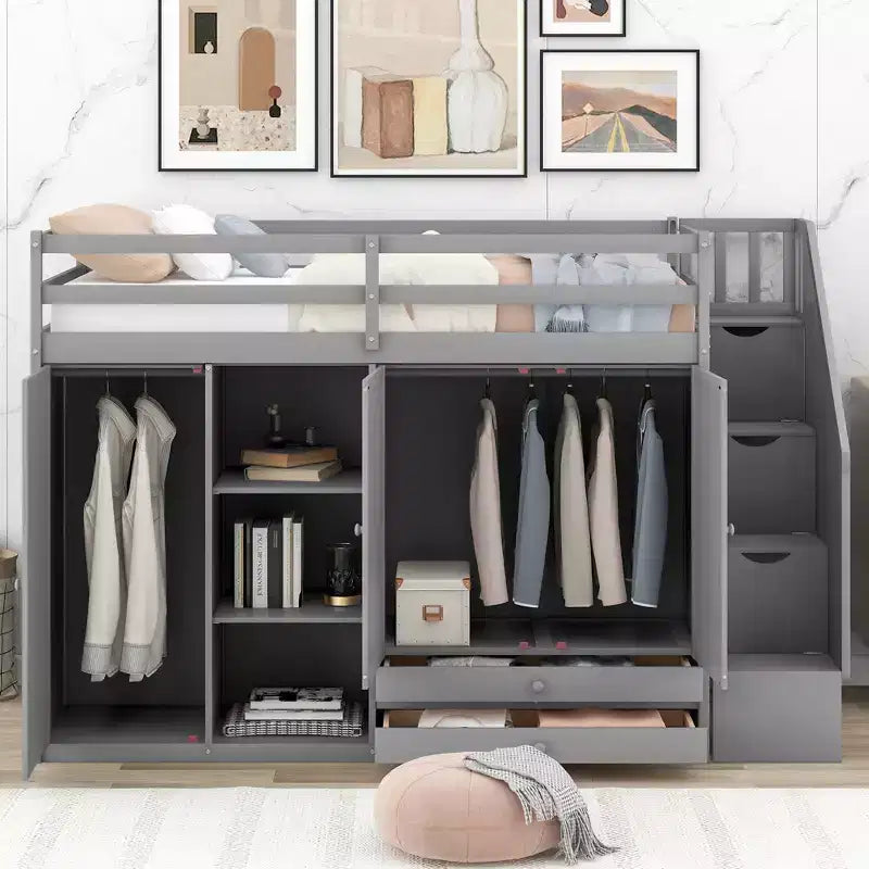 93,3 Funktionales Hochbett mit Kleiderschränken, Regalen, Schubladen und Stauraumleiter