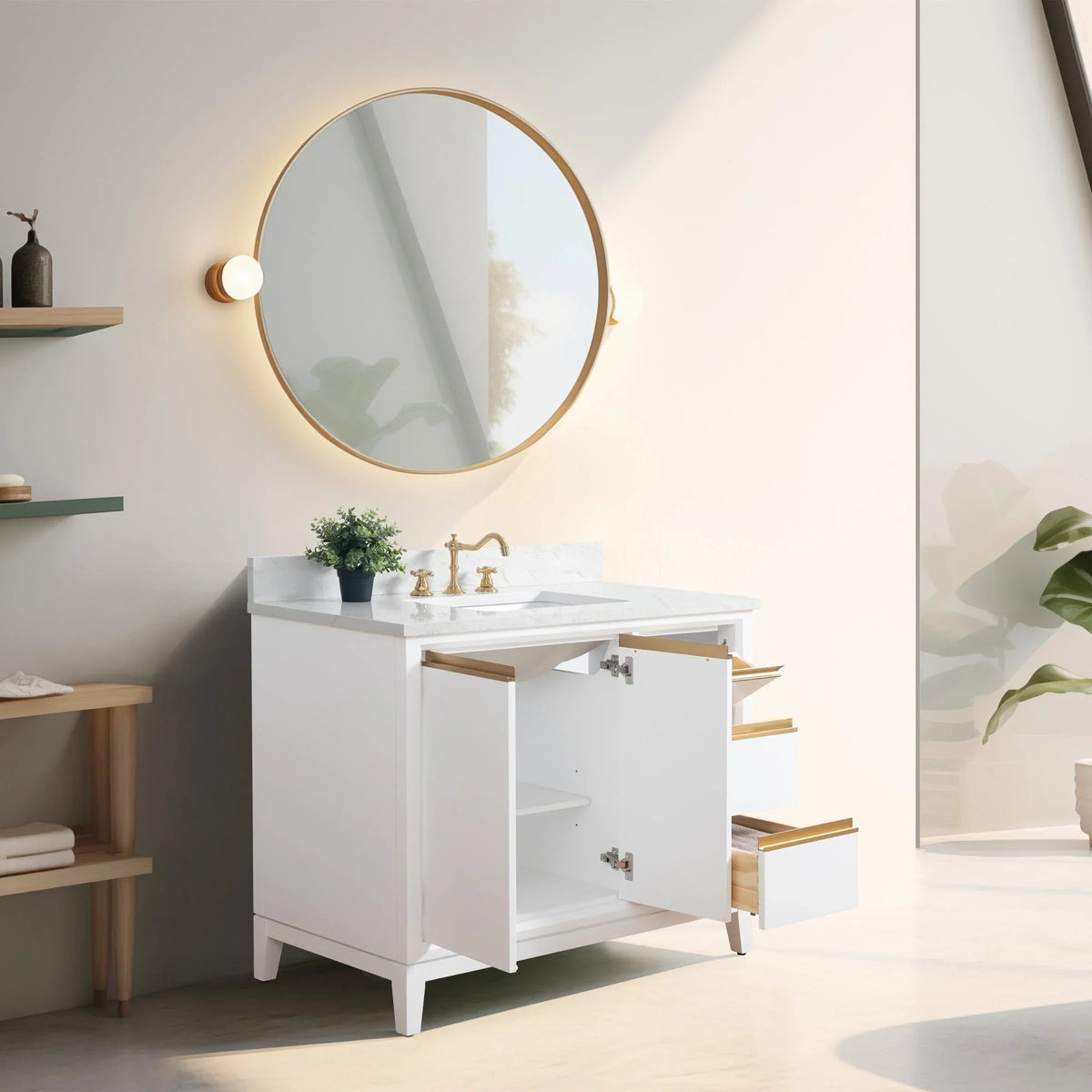 Vanity Art Badezimmerschrank mit Keramikwaschbecken und Platte aus technischem Marmor