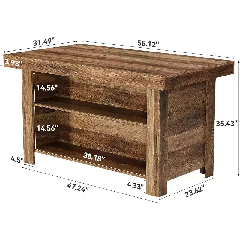 Lantine 55 Zoll Kücheninsel mit Stauraum, 3-stöckiger stationärer Küchentisch aus Holz, moderner Bartisch mit Ablagefach für die Küche, rustikales Braun