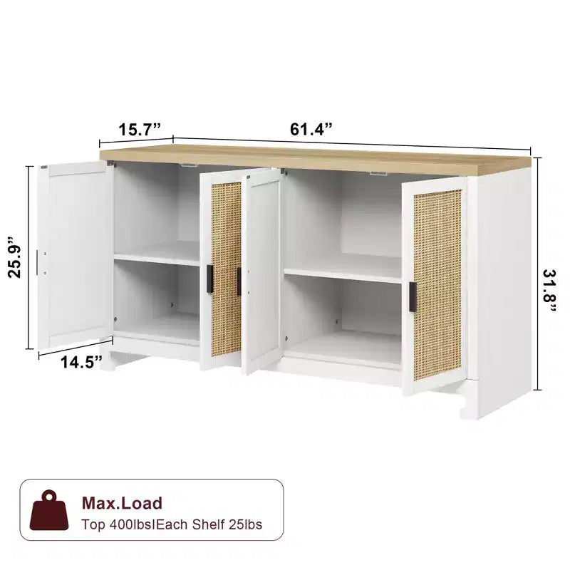 4-türiger Aufbewahrungsschrank aus Geflecht, Buffet-Sideboard mit Ablage, Kaffeebar-Konsole für Küche, Ess- & Wohnzimmer, 36H