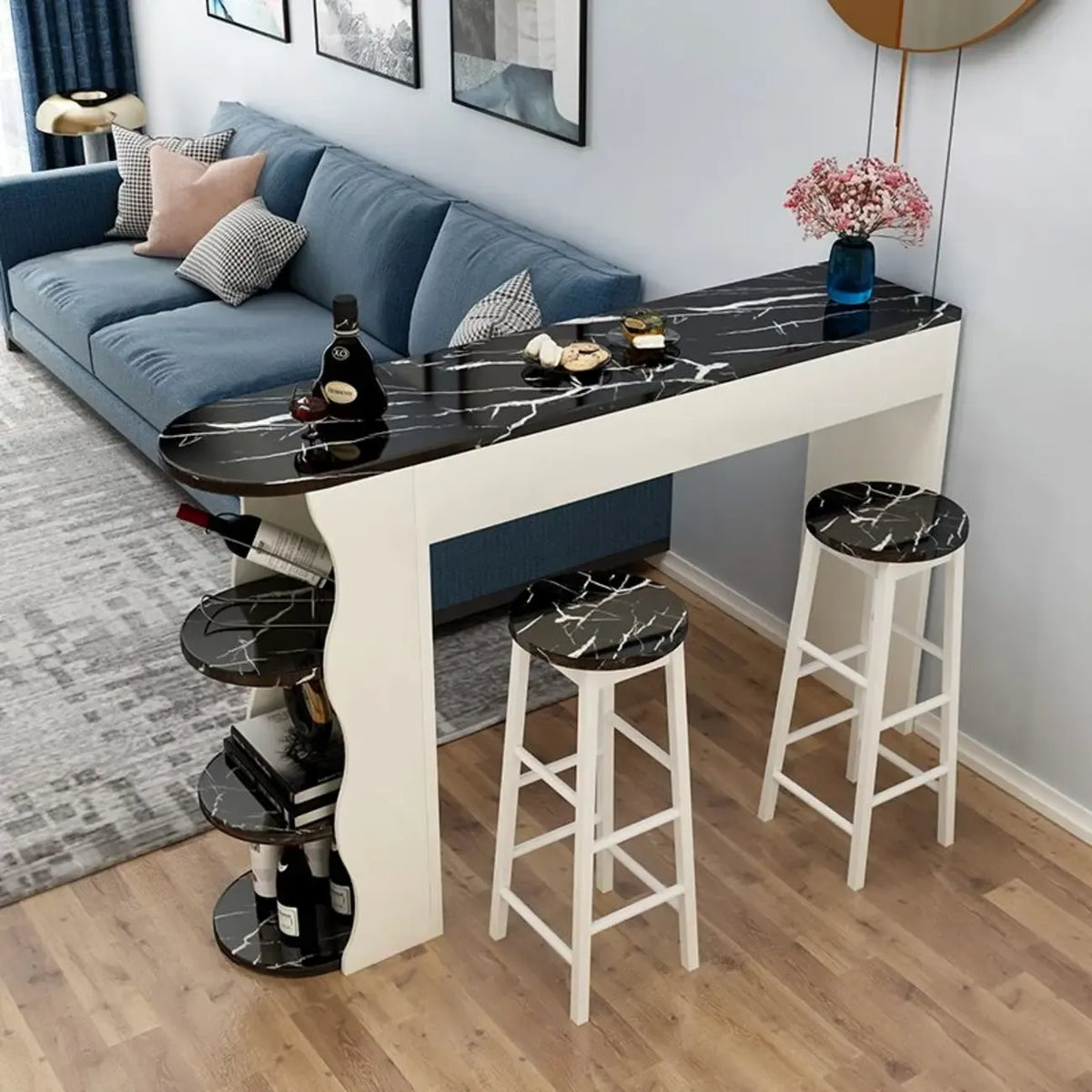 Moderne asymmetrische Bar-Tische aus schwarz-weißem Holz