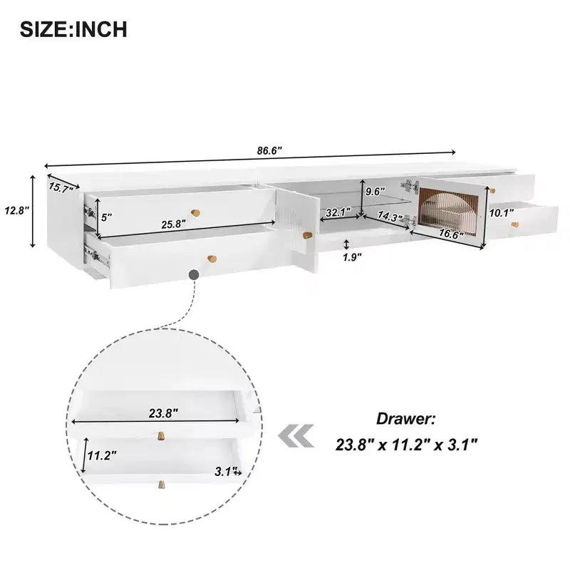 TV-Ständer für 95-Zoll-Fernseher, extra lange Medienkonsole mit 2 Türen und 4 Schubladen, großer TV-Schrank mit geriffelten Glastüren
